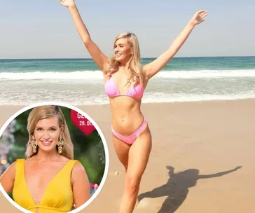 "Gemma White in pink bikini at beach, inset shows her in yellow dress, outdoors."
