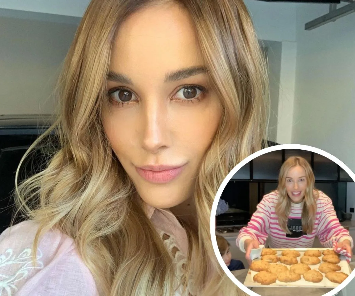 Close-up of a woman with blonde hair, inset shows her holding a tray of cookies, smiling in a kitchen setting.