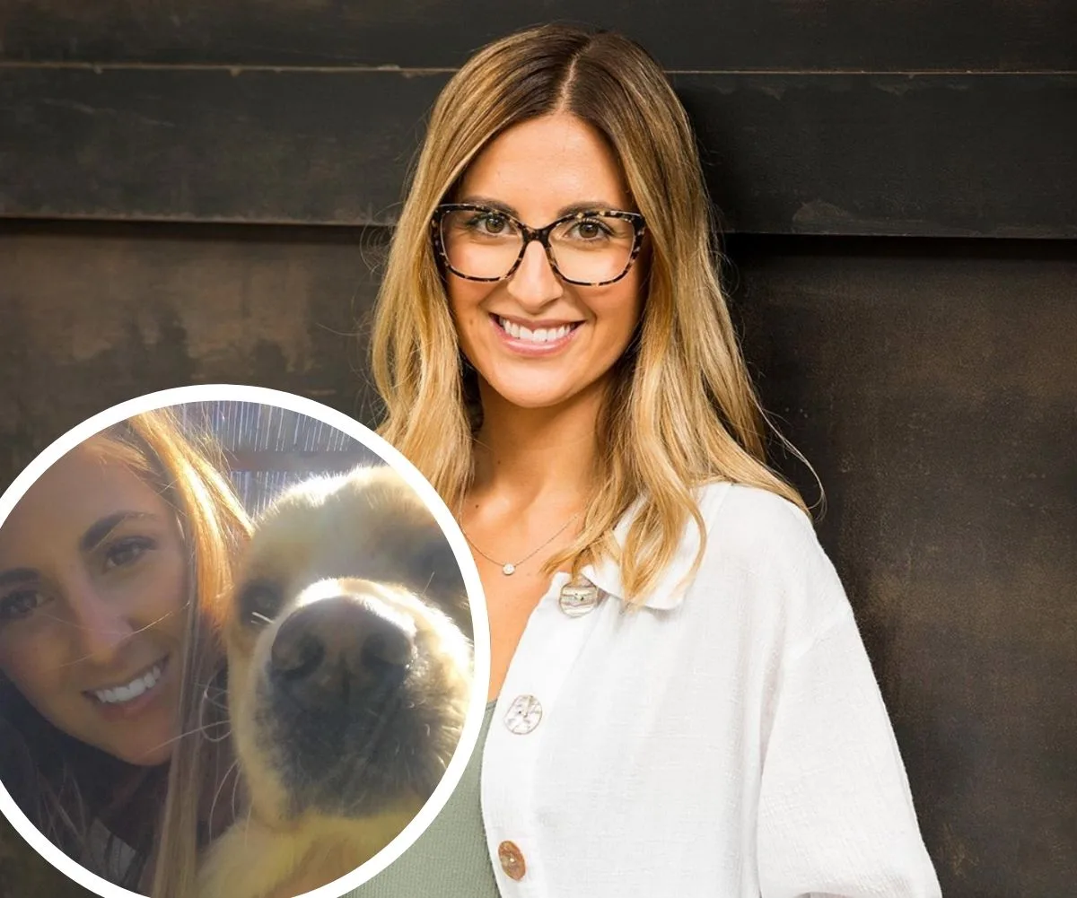 Woman smiling with glasses, long hair, wearing white top. Inset shows woman with a golden retriever.