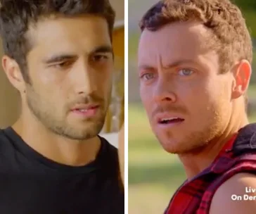 Two characters from "Home and Away"; one looks concerned, the other surprised, seen in close-up shots.
