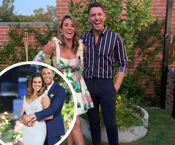 Couple smiling outside with an inset photo of them in formal attire.