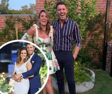 Couple smiling outside with an inset photo of them in formal attire.