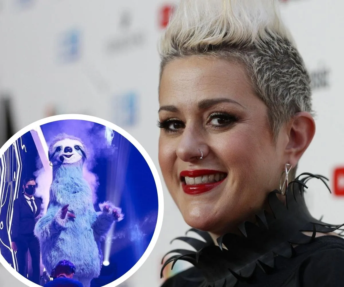 Portrait of a woman with short hair and nose ring; inset of a blue puppet on stage from The Masked Singer.