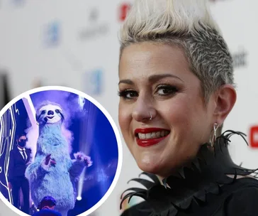 Portrait of a woman with short hair and nose ring; inset of a blue puppet on stage from The Masked Singer.