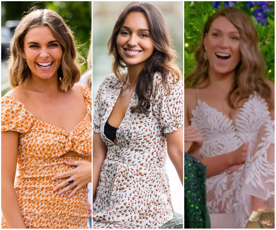 Three women in stylish dresses from The Bachelor Australia 2020, smiling in different settings.