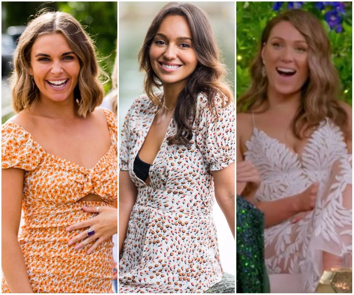 Three women in stylish dresses from The Bachelor Australia 2020, smiling in different settings.
