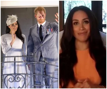 Meghan Markle and Prince Harry wave on a balcony; Meghan in a video call wearing an orange top.