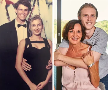 "Two images: Left, young couple dressed formally. Right, a young man hugging an older woman with greenery outside."