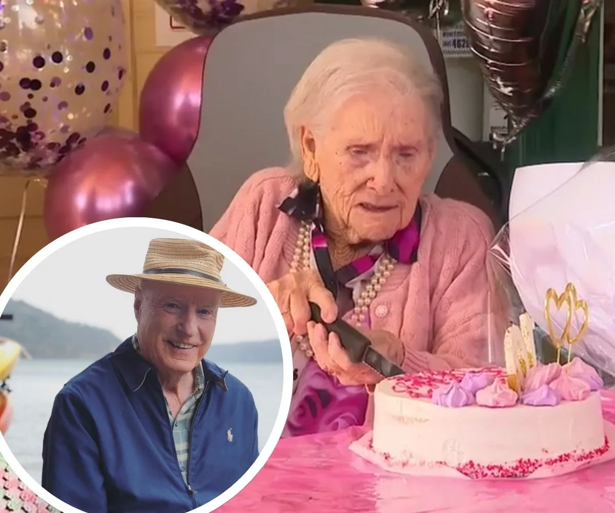 Elderly woman cutting a birthday cake with balloons; inset of a smiling man in a straw hat by the water.