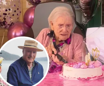 Elderly woman cutting a birthday cake with balloons; inset of a smiling man in a straw hat by the water.