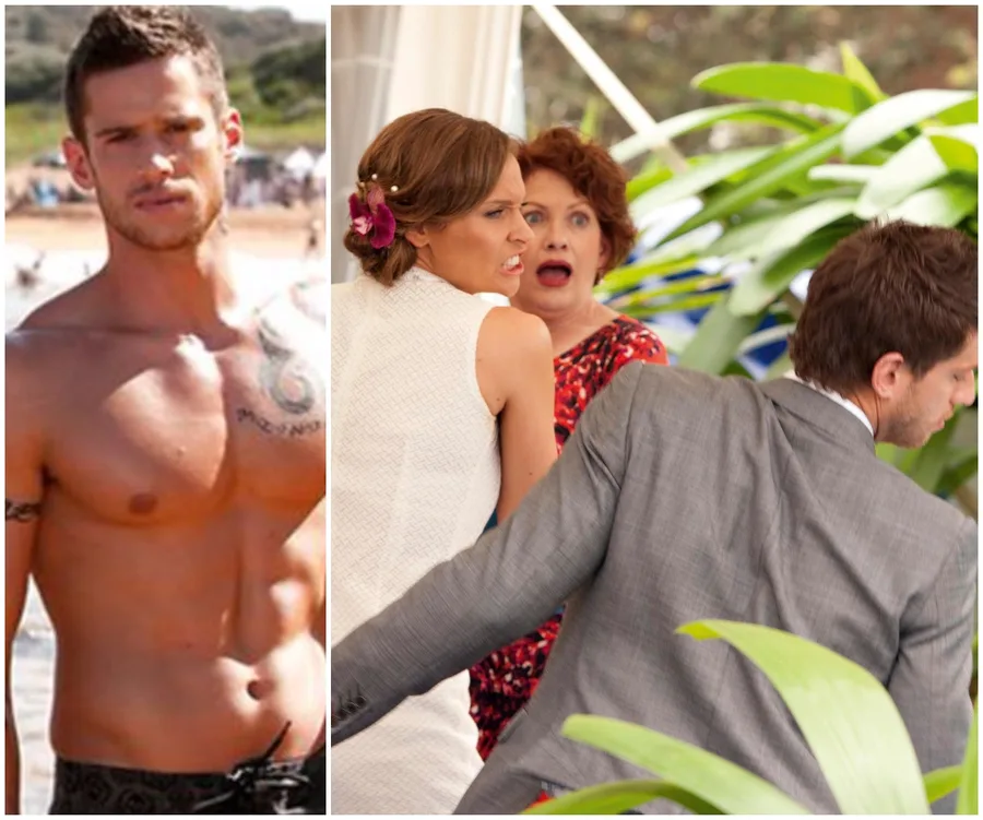 Shirtless man with tattoo on left; woman in white dress and man in suit with shocked onlookers on right.