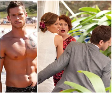 Shirtless man with tattoo on left; woman in white dress and man in suit with shocked onlookers on right.