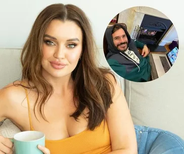 Woman with a mug on a couch, inset image of a man lounging with a laptop by a fireplace.