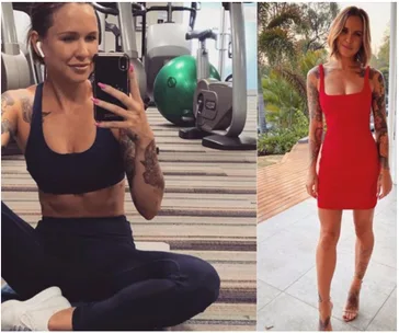 "Roxi Kenny from The Bachelor Australia 2020, in gym attire and a red dress, showcasing tattoos."