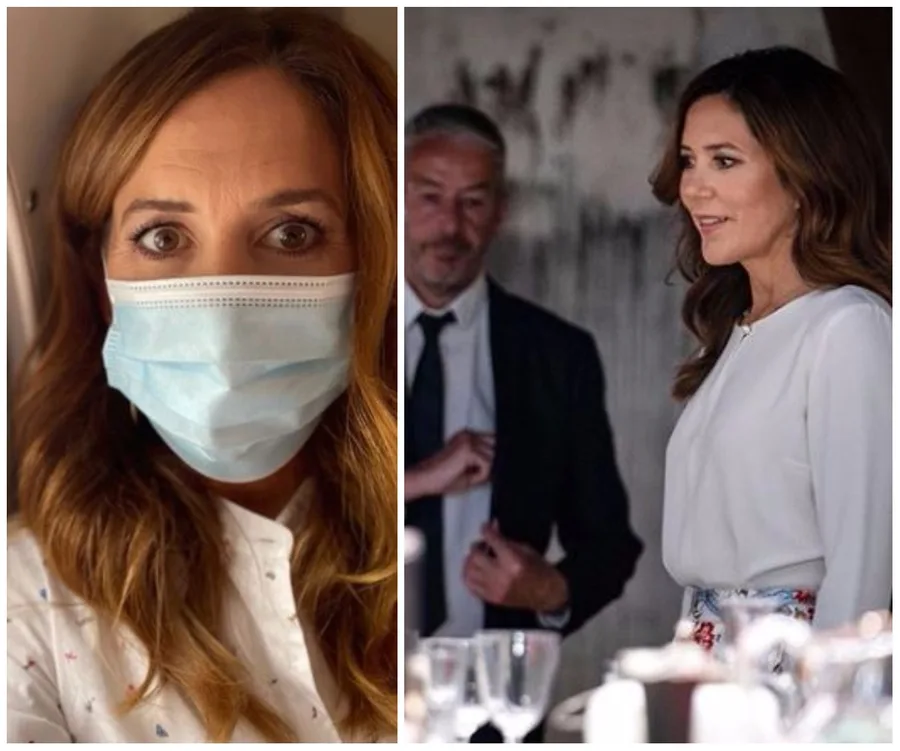 Woman in mask on left; same woman without mask, talking to a man on right, dressed in white blouse.
