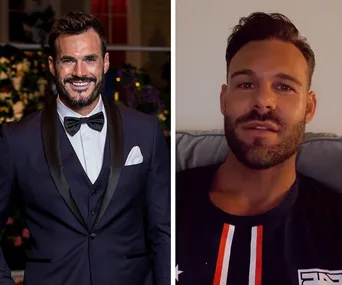 Two side-by-side images of the same man: left in a suit, right in casual wear on a couch.