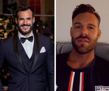 Two side-by-side images of the same man: left in a suit, right in casual wear on a couch.