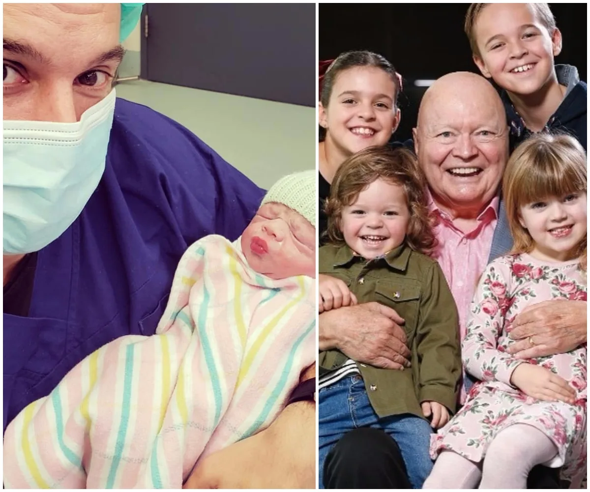 "Left: Person in surgical mask holds newborn; Right: Older man with four smiling children."