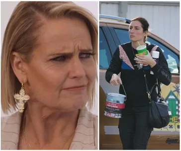 Shaynna Blaze with blonde hair and earrings; a woman holding paint and drinks outside a car with "The Block" logo.