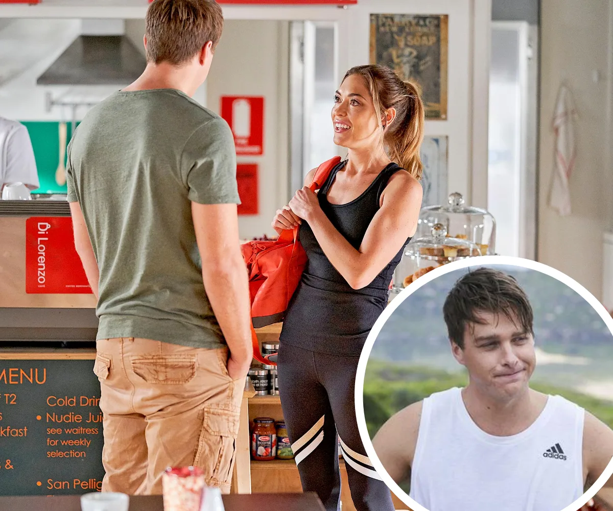 Two people talking in a cafe; one holds a red bag. Inset image of a person wearing a white Adidas tank top.