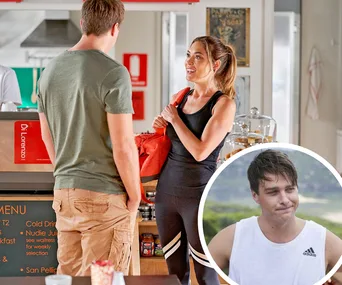 Two people talking in a cafe; one holds a red bag. Inset image of a person wearing a white Adidas tank top.