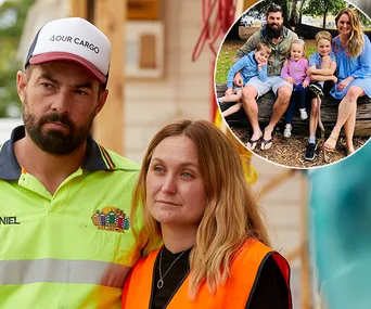 A man and woman in work clothes with a family photo inset of them and three children, sitting on a log outdoors.