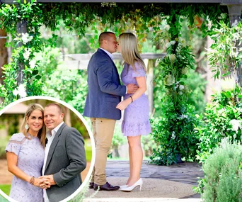 Couple kissing under a floral arch, woman in lavender dress, inset shows couple embracing and smiling.