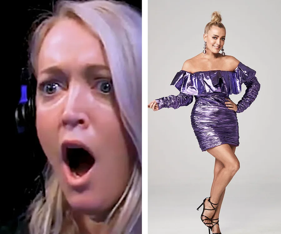 Two images: one shows a surprised woman with blonde hair, the other features her in a shiny purple dress, smiling.