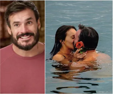 "Collage of a man smiling in a red shirt and a couple kissing in water holding a red rose."
