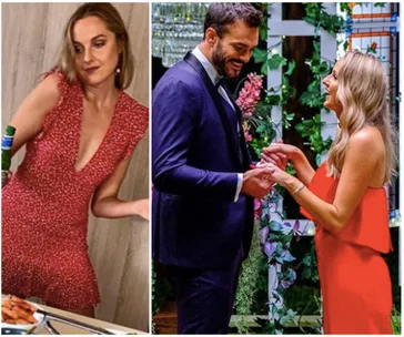 Woman in red dress in two settings: holding a drink, and exchanging smiles with a man in a suit amid a floral backdrop.