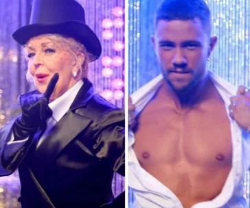 "Two performers in stage costumes; one in a top hat and the other shirtless, posing against a sparkly background."