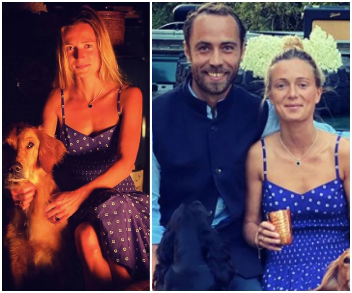 Woman in blue dress with dog; couple sitting outdoors with drinks, smiling warmly.