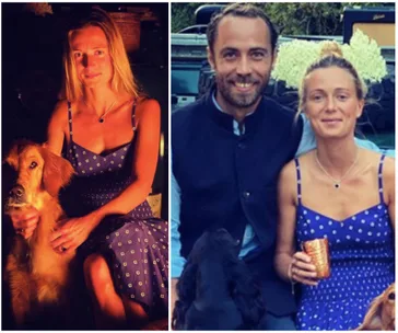 Woman in blue dress with dog; couple sitting outdoors with drinks, smiling warmly.