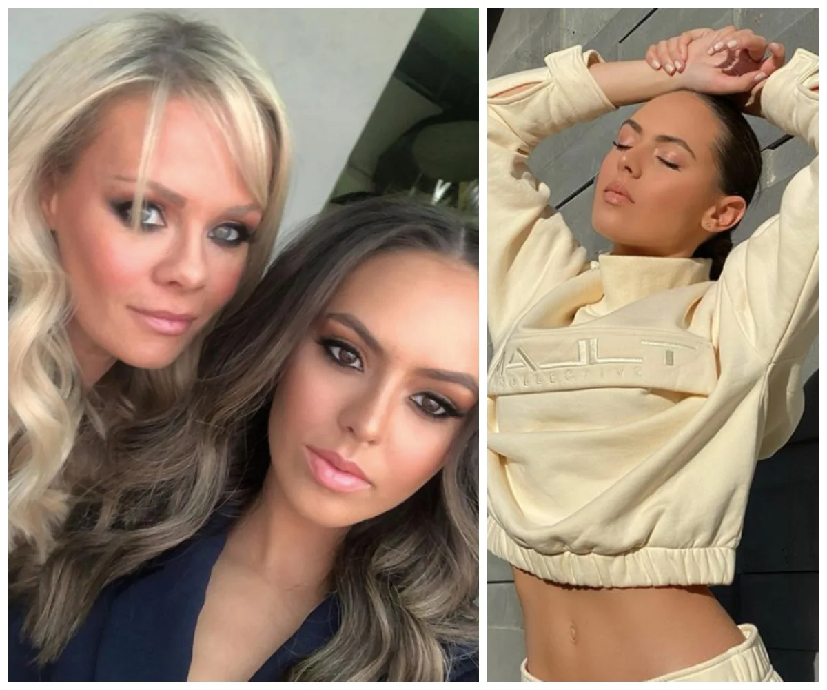 Two close-ups: on the left, two women with styled hair and makeup; right, a woman posing with arms over head in cream outfit.