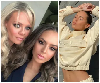 Two close-ups: on the left, two women with styled hair and makeup; right, a woman posing with arms over head in cream outfit.