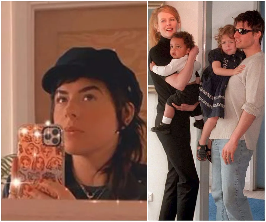 "Collage of a person taking a mirror selfie and a family photo with two adults and two children."