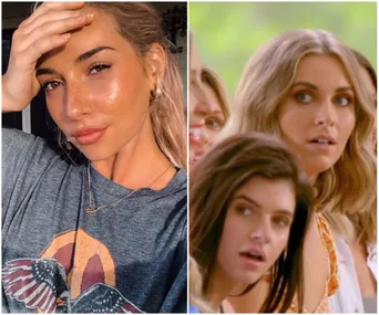 Two images: Left, a woman in a gray shirt with an eagle graphic posing. Right, women in a group looking surprised.