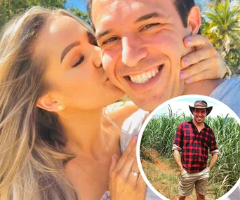 Man smiling while woman kisses his cheek; inset of smiling man in hat, flannel shirt, and shorts standing in a field.