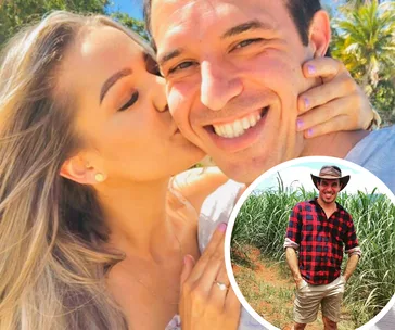 Man smiling while woman kisses his cheek; inset of smiling man in hat, flannel shirt, and shorts standing in a field.