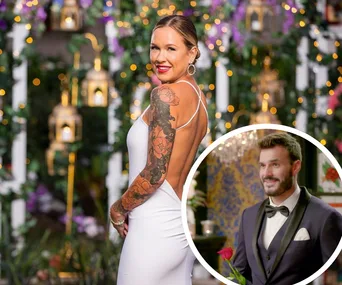 Woman in white dress with tattoo smiles, evening setting; inset image of man in suit holding a red rose.
