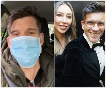 Two-photo collage: Left, a man in a mask in a car. Right, a smiling couple dressed formally, posing for a selfie.