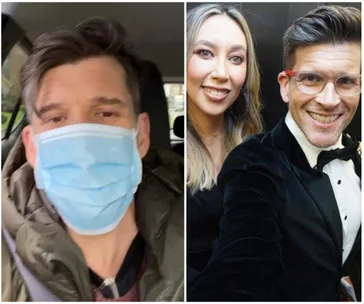 Two-photo collage: Left, a man in a mask in a car. Right, a smiling couple dressed formally, posing for a selfie.