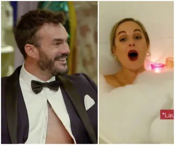Man in a tuxedo smiling on left; woman surprised in a bubble bath on right.