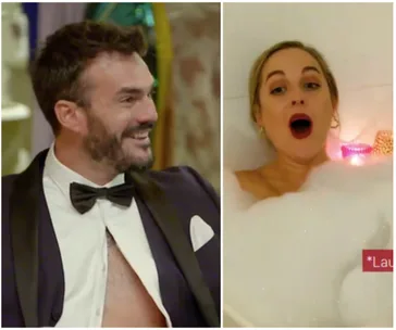 Man in a tuxedo smiling on left; woman surprised in a bubble bath on right.