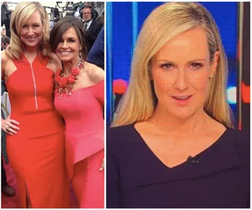 Two women in red dresses smiling on a red carpet; a woman with blonde hair in dark dress in a studio setting.