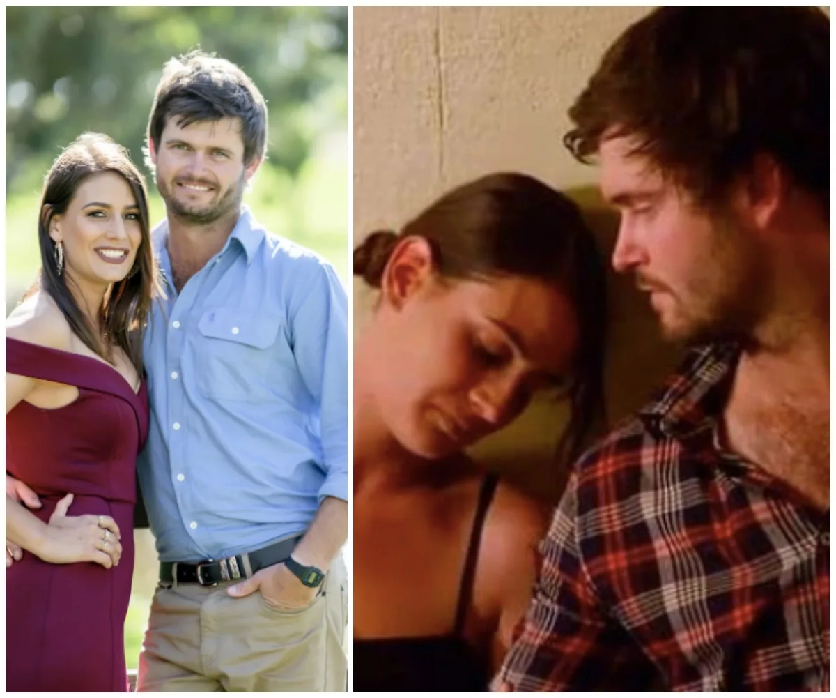 Two couples from "Farmer Wants a Wife 2020," one outdoors smiling, the other indoors sharing a quiet moment.