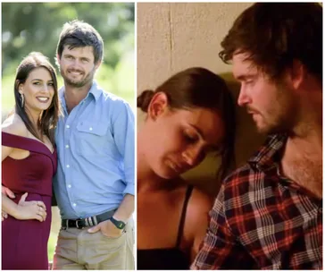 Two couples from "Farmer Wants a Wife 2020," one outdoors smiling, the other indoors sharing a quiet moment.