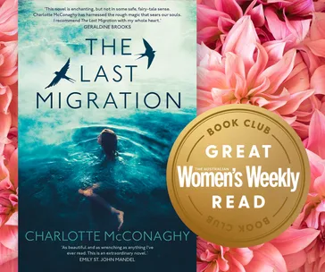 The Last Migration book cover with woman in water, floral background, and Women's Weekly Book Club badge.