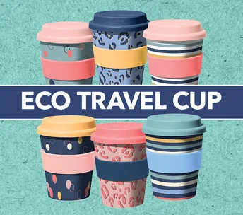Colorful eco-friendly travel cups with patterns and lids arranged with "Eco Travel Cup" text overlay.