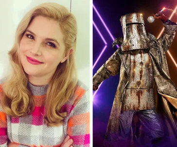 Blonde woman smiling in colorful sweater; a costumed performer in metallic armor on "The Masked Singer Australia."